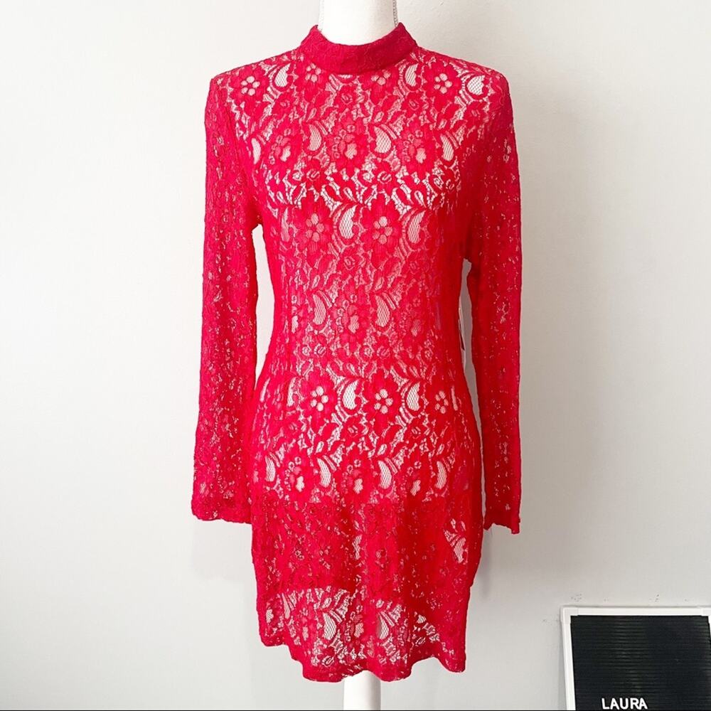 JustFab red lace long sleeve high neck bodycon dress size large NWT sexy